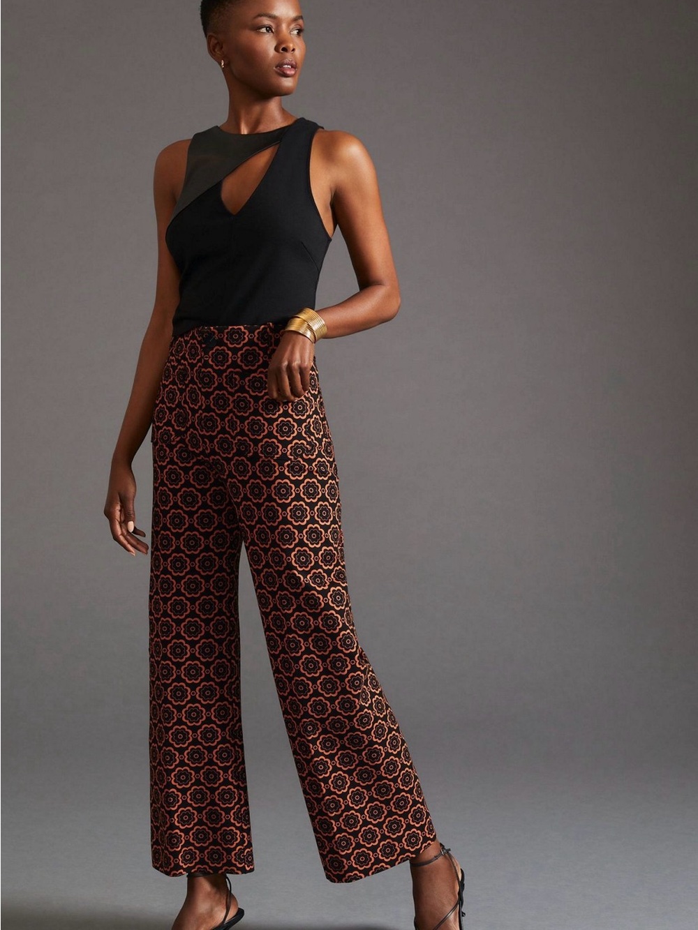 Anthropologie Maeve Colette Ponte Black and Brown Geometric Wide-Leg Pants 28